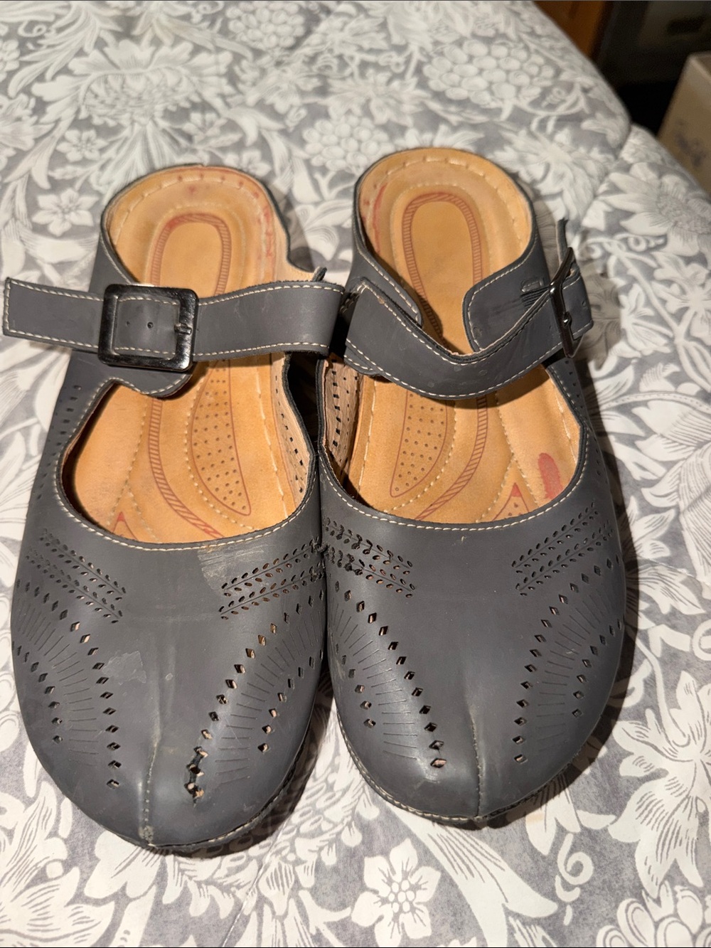 Gray Perforated Leather Mary Jane Clogs
